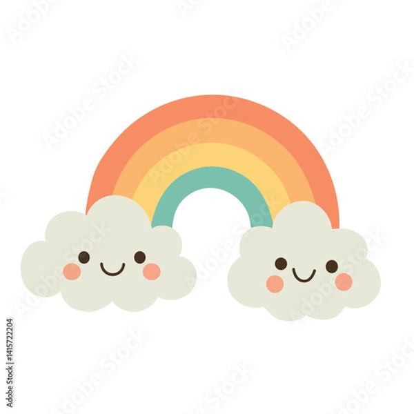 Fototapeta Colorful pastel rainbow with happy clouds, perfect for cheerful kids graphics, sky illustrations, and bright decorative weather elements.