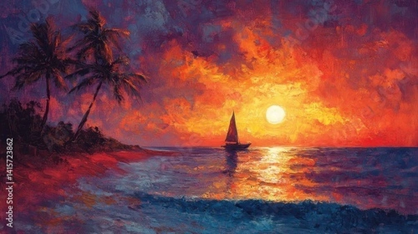 Fototapeta Vibrant Sunset Painting with Sailboat and Palm Trees on Ocean Horizon