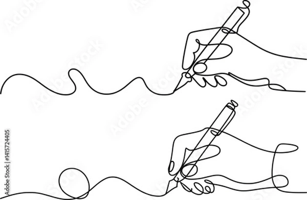 Fototapeta Minimalist One Line Drawing of Hands Writing with Pens, Continuous Line Art Illustration.
