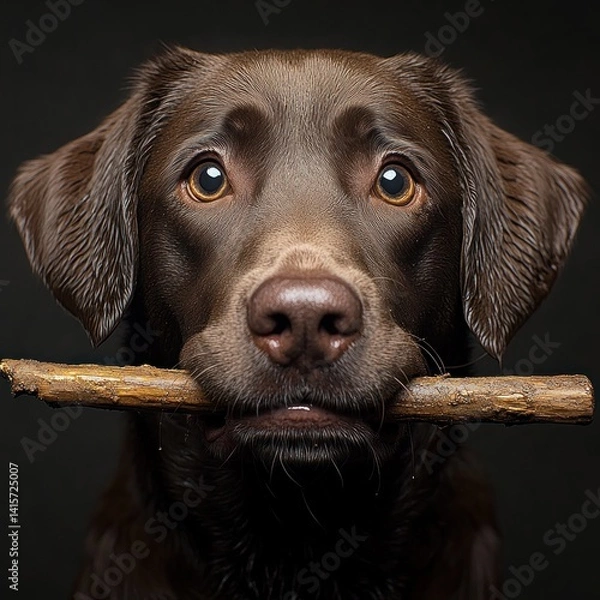 Obraz A joyful dog with a shiny coat holds a stick in its mouth, radiating charm and mischief