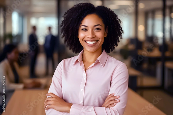 Fototapeta Confident businesswoman with arms crossed, smiling in a modern office setting.