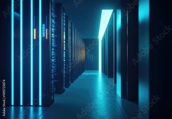 Fototapeta Minimalist server corridor with sleek vertical panels, cool blue lighting, and a glowing ceiling. Ideal for AI, cloud, cybersecurity, and digital infrastructure concepts