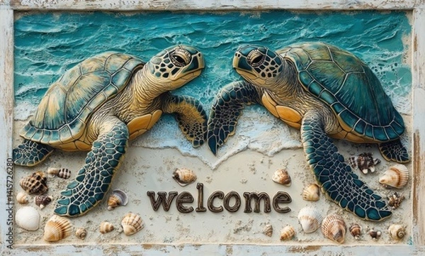 Obraz Welcome Sign Featuring Two Sea Turtles on a Beach with Seashells