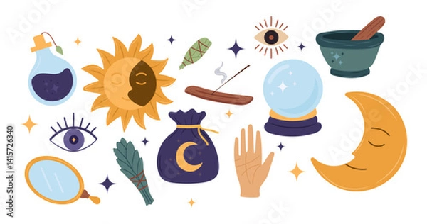Fototapeta Esoteric magic set with mystical objects - moon face, sun symbol, crystal ball, herbal potion, burning incense, sage bundle, third eye, witchcraft tools, palm reading hand and celestial elements 