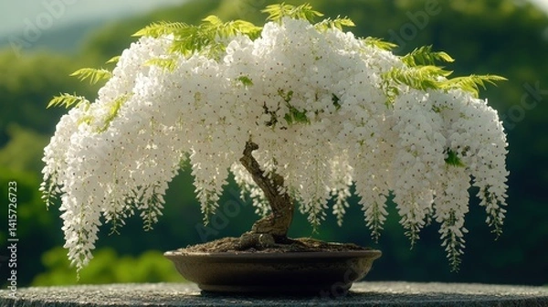 Obraz A stunning wisteria bonsai adorned with cascading white flowers radiates beauty and peace