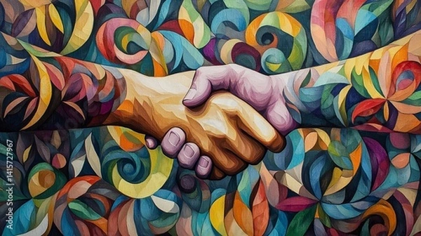 Fototapeta Diverse Hands Shaking in Floral Pattern