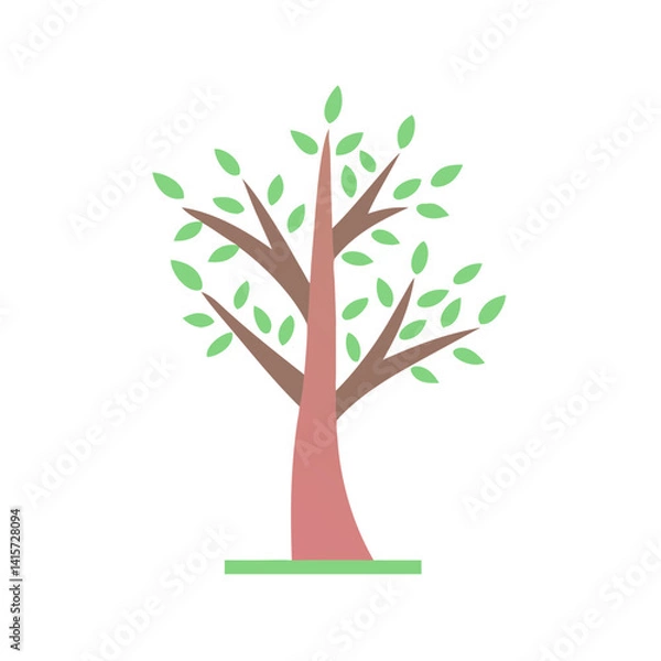 Fototapeta Minimalist Tree Illustration: A simple, yet elegant, representation of a tree with a slender trunk, reaching branches, and vibrant green leaves, embodying the essence of growth and nature.