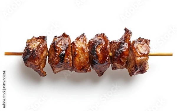 Obraz Overhead close-up of a yakitori skewer with six pieces of grilled meat, glazed with a dark brown sauce, on a solid white background