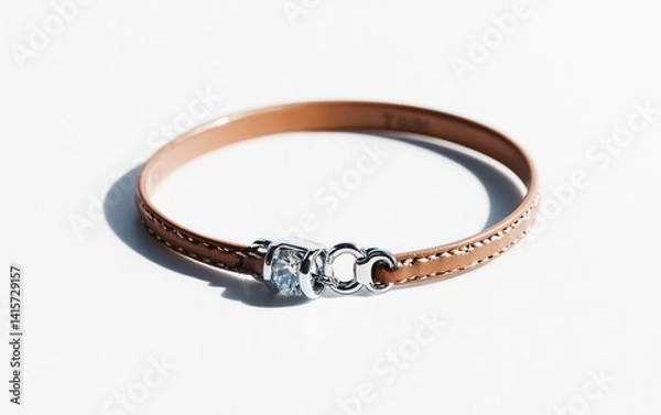 Obraz Light brown leather bracelet with silver clasp on white background. Close-up studio shot. Minimalist jewelry photography