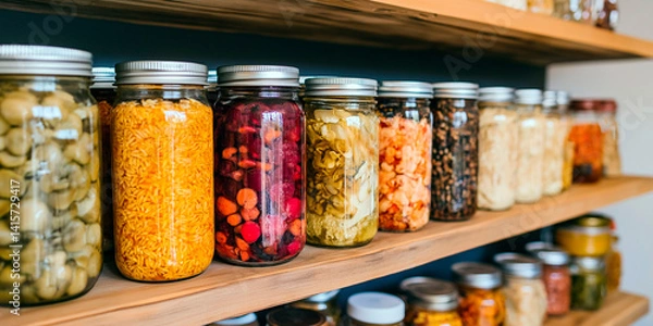 Fototapeta Colorful jars of preserved foods and grains neatly arranged on wooden pantry shelves