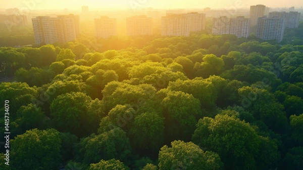 Fototapeta Golden light breaks through the trees, showcasing a lush forest near urban skyscrapers at dawn Generative AI