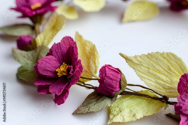Fototapeta Close-up of magenta and pale yellow crepe paper flowers and leaves, arranged in a circular form on white background, suggesting springtime or floral decoration