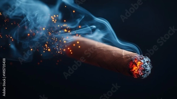 Obraz A glowing cigar releases swirling smoke, illuminating the darkness with embers of warmth