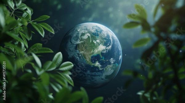 Fototapeta Lush green leaves frame a vivid depiction of Earth, showcasing nature's harmony and beauty Generative AI