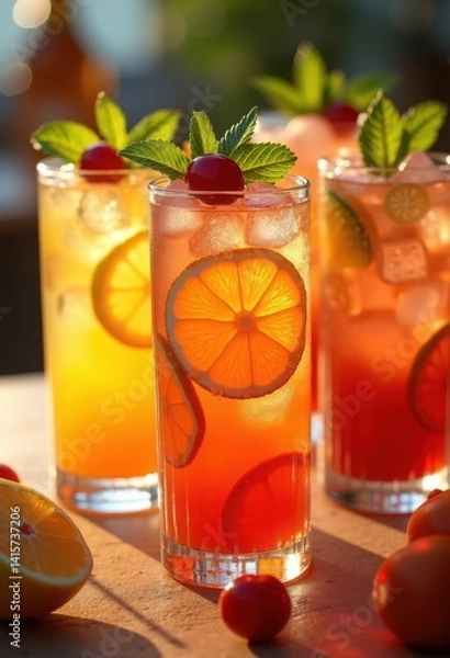 Fototapeta bright citrus slices floating colorful cocktails refreshing vibrant drinks fruity garnishes, lemon, lime, orange, refreshment, glass, party, summer, juice