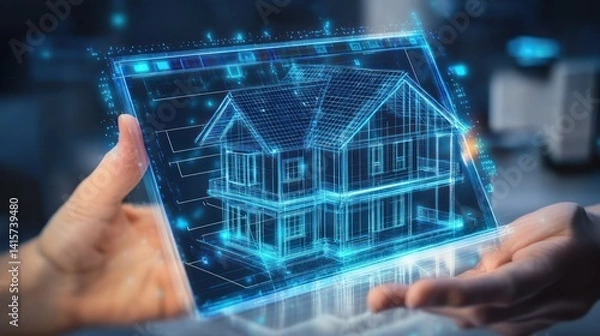 Obraz Futuristic Visualization Shows A Digital Home Design In Someones Hands