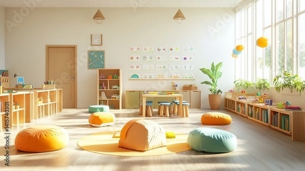 Fototapeta Infographic of an ADHD-friendly classroom design with flexible seating, natural light, calming colors, and organized zones for learning. AI generative.