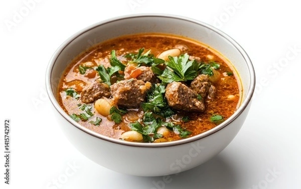 Fototapeta A bowl of hearty stew, featuring chunks of meat and white beans in a rich, reddish-brown broth. The stew is garnished with fresh parsley, and the bowl is set against a plain white background