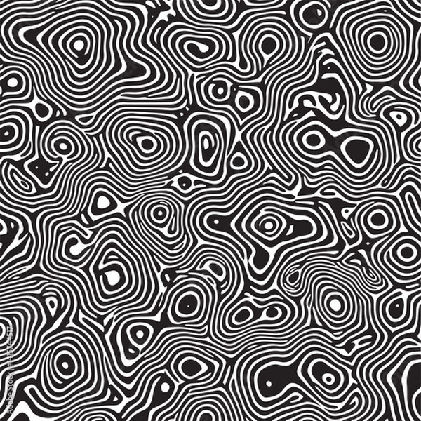 Fototapeta Black and white contour topographic seamless vector pattern with hypnotic swirl illusion lines