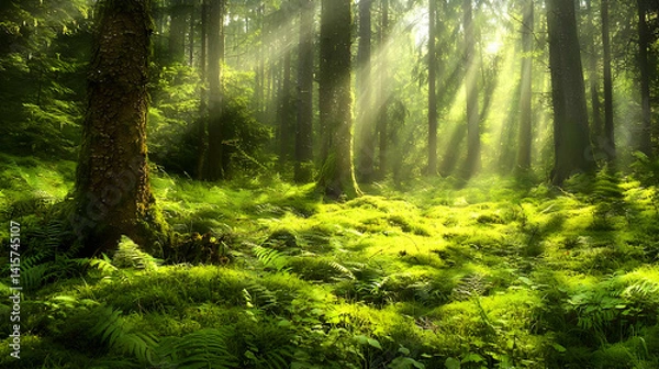 Fototapeta Sunlight Illuminating Lush Green Forest