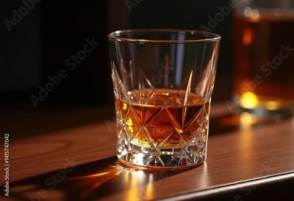 Fototapeta elegant fine crystal whiskey glass reflecting light dark wooden surface serene still life aesthetic, tumbler, drink, ice, beverage, liquor, barware