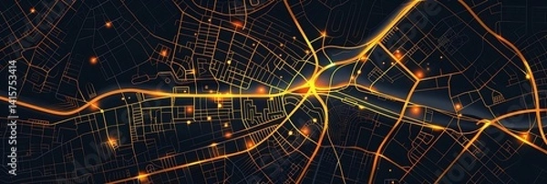 Fototapeta Abstract digital city map glowing with orange light trails on roads and nodes against a dark background. Concept for navigation, data flow, or smart city tech.

