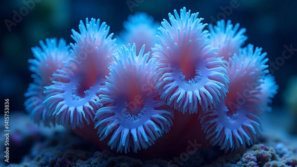 Fototapeta Ecological Ace card made from living coral polyps with pulsating symbionts. Aquarium glass background. Climate-data coral skeleton border.