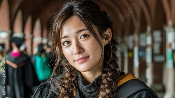Fototapeta A young woman with long brown hair styled in braids, wearing a graduation gown, smiles subtly while looking towards the viewer.  A blurred background depicts a graduation ceremony