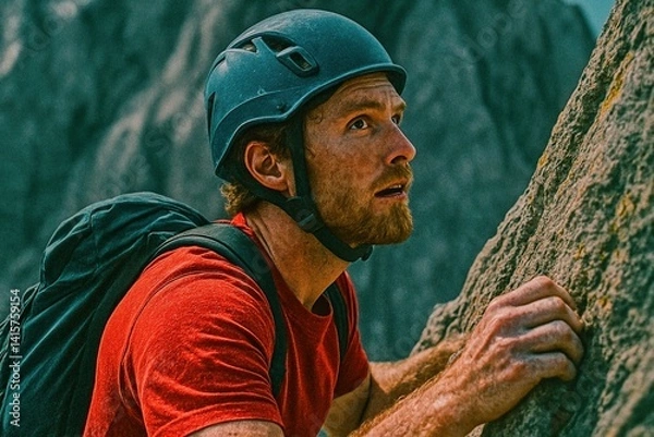 Obraz Escalador concentrado ascendiendo una pared rocosa con casco y mochila, aventura y esfuerzo en la montaña