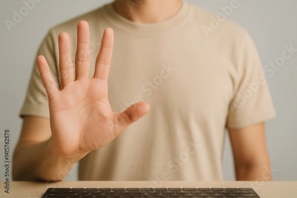 Fototapeta Man showing stop gesture with hand in front of keyboard