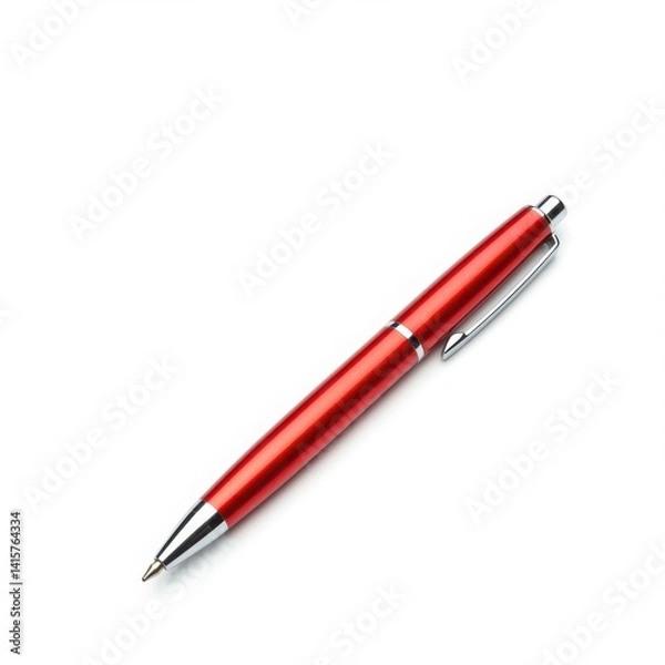 Fototapeta A shiny red pen with a silver clip lying diagonally on a clean white surface in a studio shot