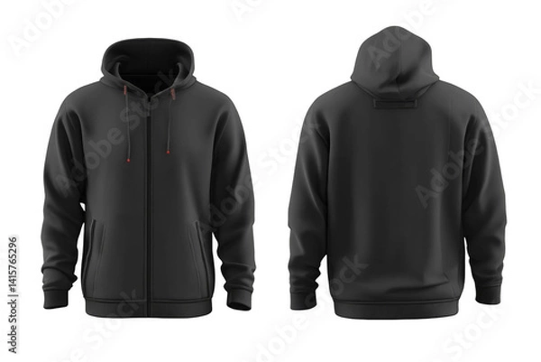 Fototapeta Black Hoodie Jacket Mockup Front and Back View Isolated on Transparent Background with Zipper and Drawstrings
