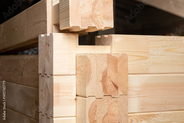 Fototapeta Set of glued pine wood timbers.