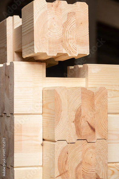 Fototapeta Set of glued pine wood timbers.