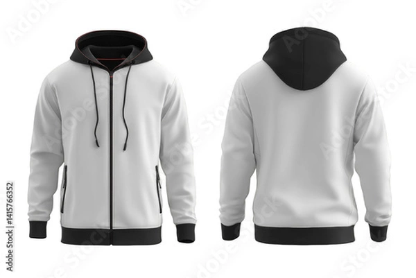 Fototapeta White and Black Hoodie Jacket Mockup Front and Back View Isolated on Transparent Background with Zipper and Drawstrings
