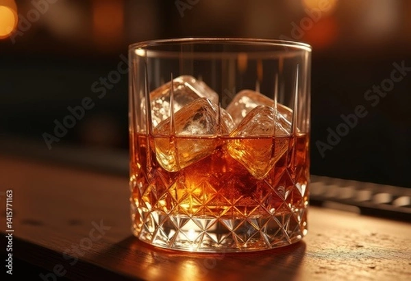 Fototapeta textured whiskey glass filled ice amber liquid capturing light reflection rich color variation, beverage, bar, alcohol, drink, cocktail, luxury