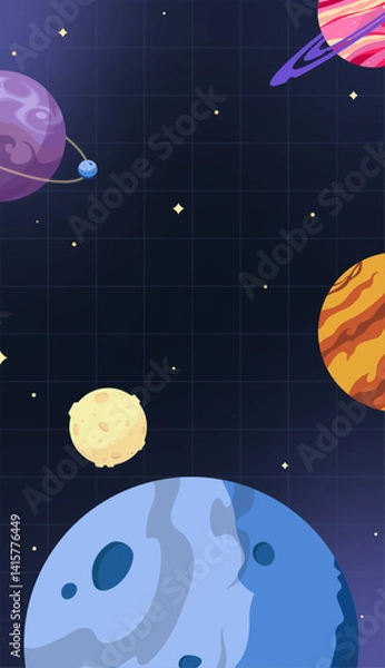 Fototapeta Hand drawn vector background with outer space and various planets. Scientific illustration in cartoon stylisation for poster or banner. Cosmic backdrop