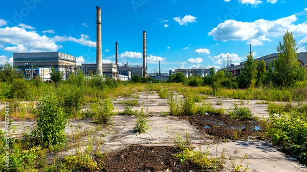 Fototapeta Abandoned Industrial Site With Overgrown Weeds And Smokestacks
