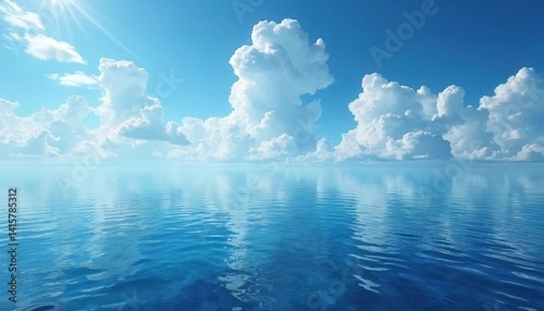 Fototapeta Scenic view of blue sea under beautiful sky with fluffy white clouds. Calm water surface reflects the clouds creating mirroring effect. Sunny day at ocean horizon.