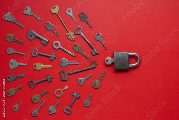 Obraz One lock and many different old keys on red background, top view, closeup. Group of old keys look like sperm competition