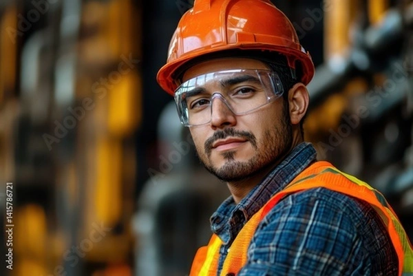 Fototapeta Construction worker wearing safety gear smiles confidently while overseeing site progress in a bustling urban environment during daylight hours