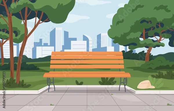 Obraz Park landscape with a bench. Metal and wooden places for sitting and relaxing in the open air. Vector illustration