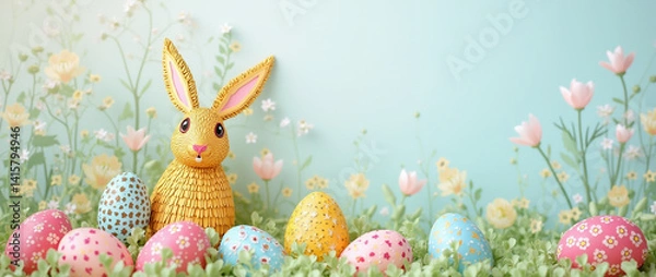 Fototapeta Cute Easter Bunny with Colorful Eggs in a Spring Meadow. Perfect for Easter greetings and seasonal designs.