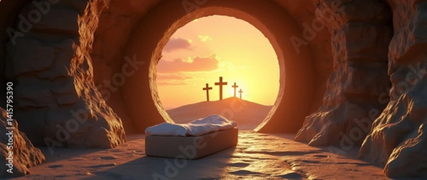 Fototapeta Empty tomb with three crosses at sunrise viewed from stone entrance
