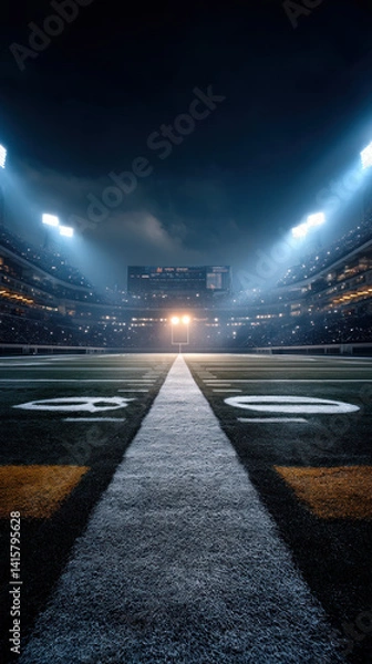 Fototapeta Empty football field at night, illuminated by stadium lights