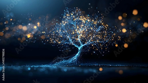 Fototapeta Abstract Glowing Digital Tree Design With Bokeh Lights