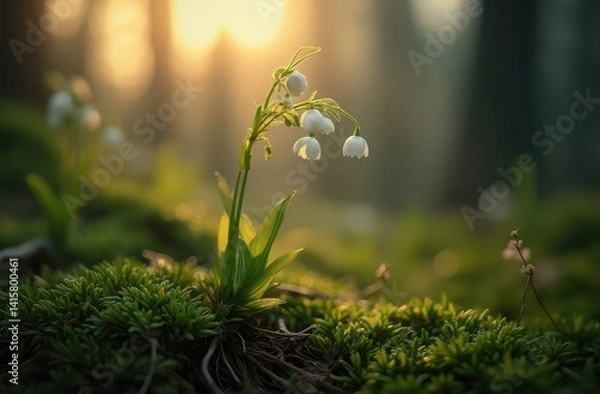 Fototapeta A tiny lily of the valley bloom, just poking through pine-covered forest floor. Generative AI