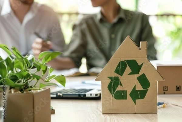 Fototapeta Architects discussing green energy plan with recycling symbol on model house