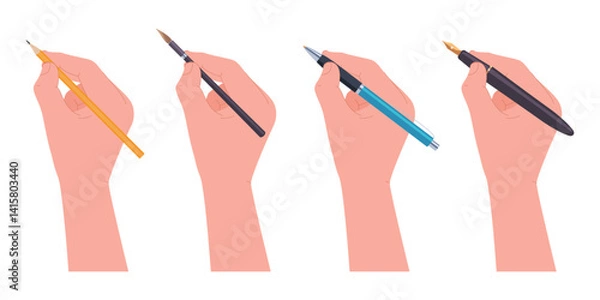 Fototapeta A set of different pens and pencils in hands. Writing tools. Vector illustration