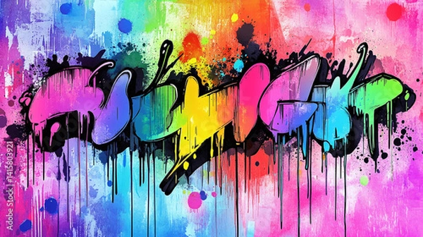 Fototapeta A series of abstract posters with graffiti lettering on a colorful background. The colors include black ink outlines against a backdrop filled with colorful spray paint drips and splatters